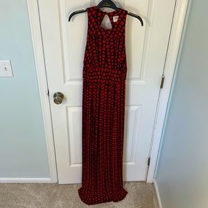 Long beautiful comfortable dress with high neck and slit at bottom.